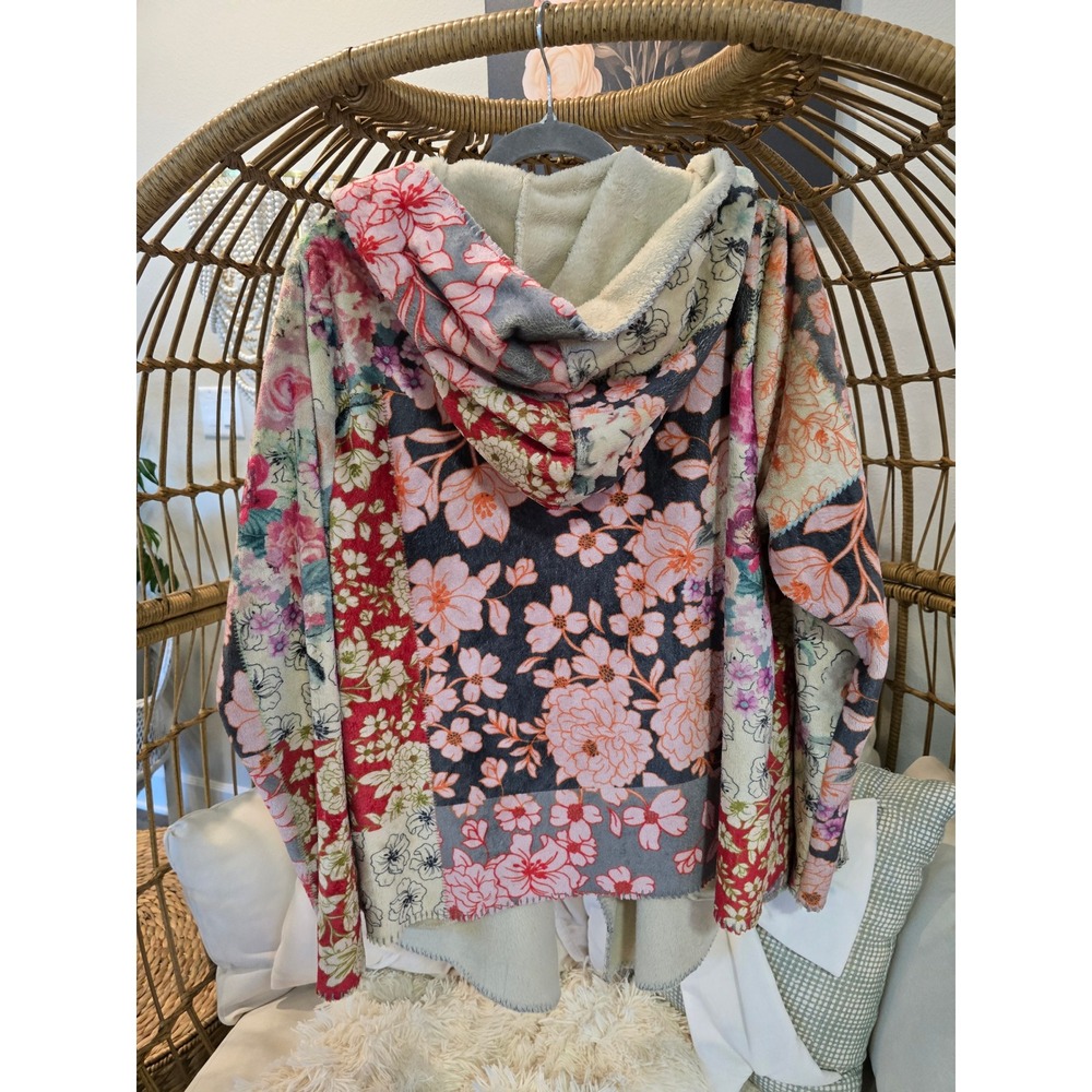 Johnny Was Biya Patchwork Floral Hooded Cardigan Open Front Sherpa Lined Jacket - Picture 3 of 4